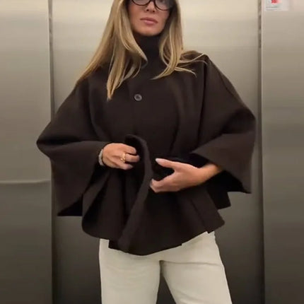 Faux Fur Cloak Jackets Women Loose Standneck Three Button Wide Sleeves Belt Coats Female 2026 Autumn Solid Chic Fashion Outwears