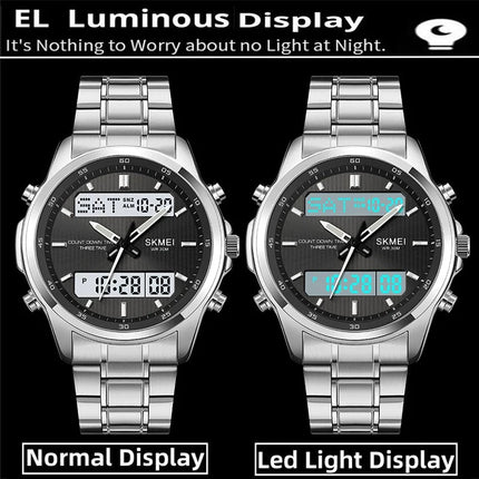 Skmei orologio da polso analogico al quarzo da uomo cinturino in acciaio inossidabile di lusso Led impermeabile digitale sportivo sveglia a tre fusi orari platinumshop