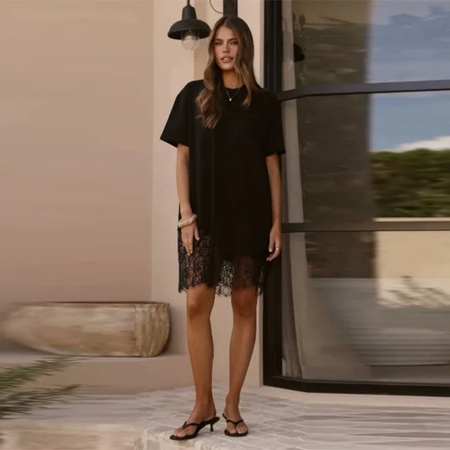 T-Shirt Dress with Lace and Asymmetrical Hem, Short Sleeves, Crew Neck, Casual and Comfortable Mini Dress, Summer Fashion 2026 Streetwear