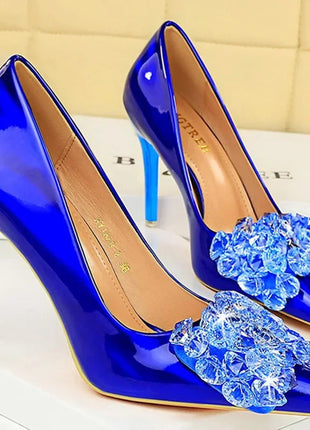 Donne 10.5cm tacchi alti in pelle lucida Drag Queen banchetto Dress Pumps Lady Luxury Crystal Bow Stiletto Blue Green Red Prom Shoes
