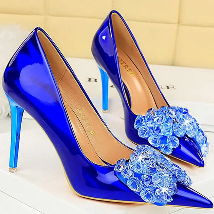 Donne 10.5cm tacchi alti in pelle lucida Drag Queen banchetto Dress Pumps Lady Luxury Crystal Bow Stiletto Blue Green Red Prom Shoes