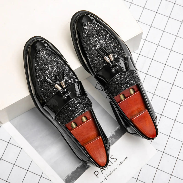 Mocassini di Lusso da Uomo con Tacco Basso, Slip-on Casual in Pelle Dorata, Scarpe da Festa con Nappe, Scarpe Eleganti da Uomo, Scarpe con Plateau da Uomo