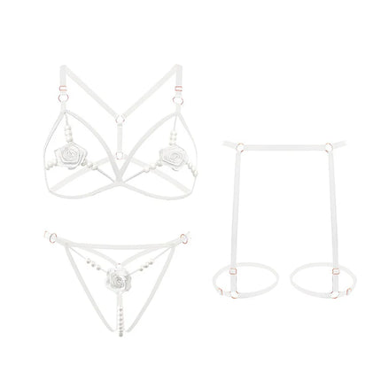 5 Colors Women Black Lace Lingerie Set Strappy Bra Panty Garter Belt Pearl Chain Rose Applique Adjustable Harness Nightwear