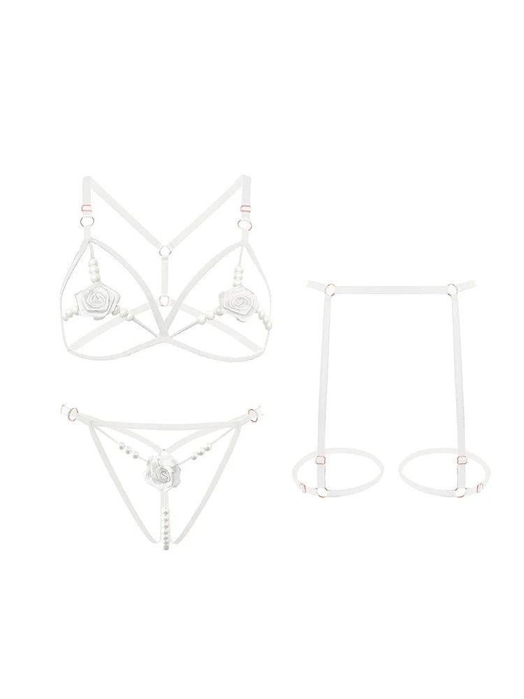 5 Colors Women Black Lace Lingerie Set Strappy Bra Panty Garter Belt Pearl Chain Rose Applique Adjustable Harness Nightwear