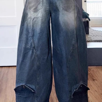 Y2K Jeans denim larghi da donna Tasca con bottoni asimmetrica Jean lavato Pantaloni casual Harajuku High Street Grunge Denim Trouders