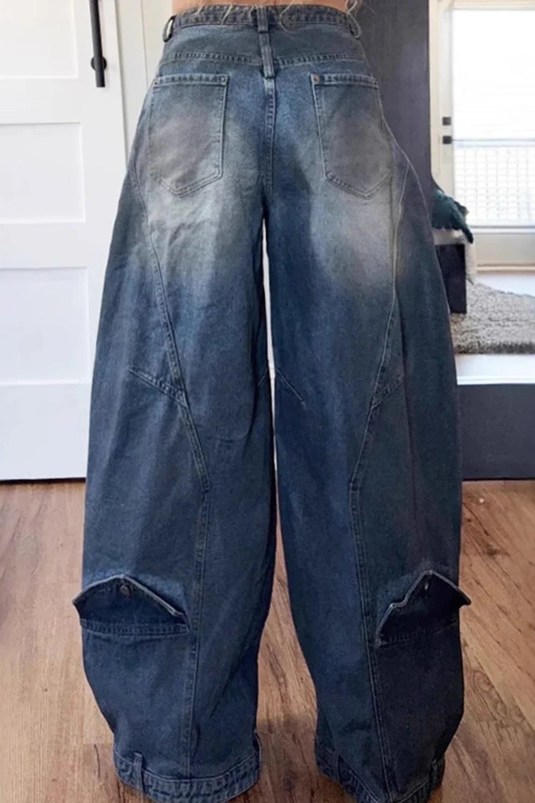 Y2K Jeans denim larghi da donna Tasca con bottoni asimmetrica Jean lavato Pantaloni casual Harajuku High Street Grunge Denim Trouders