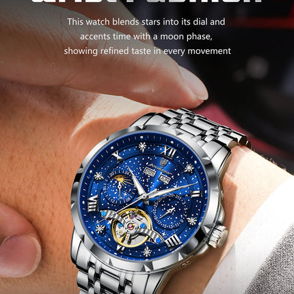 POEDAGAR Top Orologio da uomo originale Orologio meccanico automatico da uomo in acciaio inossidabile Calendario Hollow Tourbillon Orologio da uomo Maschio + scatola platinumshop