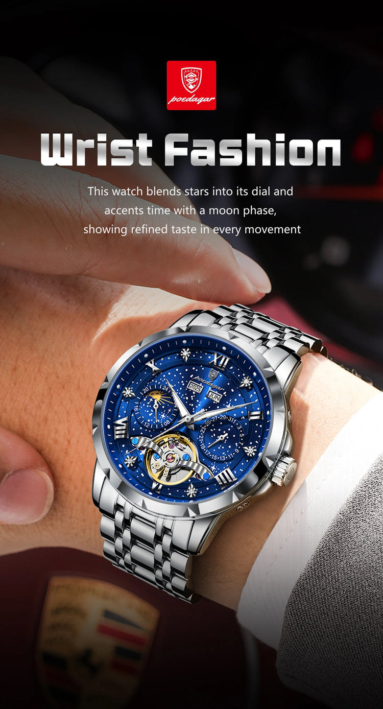 POEDAGAR Top Orologio da uomo originale Orologio meccanico automatico da uomo in acciaio inossidabile Calendario Hollow Tourbillon Orologio da uomo Maschio + scatola platinumshop