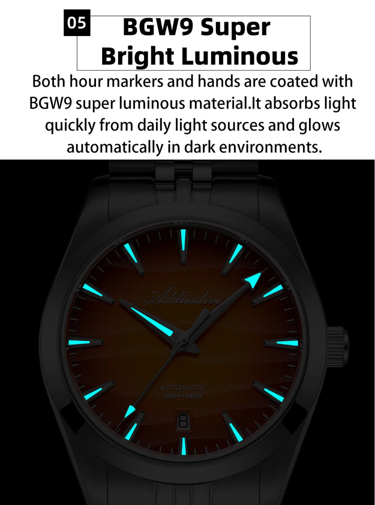 ADDIESDVIE Men Watch AD2540 Desert Dial 20Bar Waterproof 316L Stainless Steel BGW9 Luminous 8215 Mechanical Automatic Watches