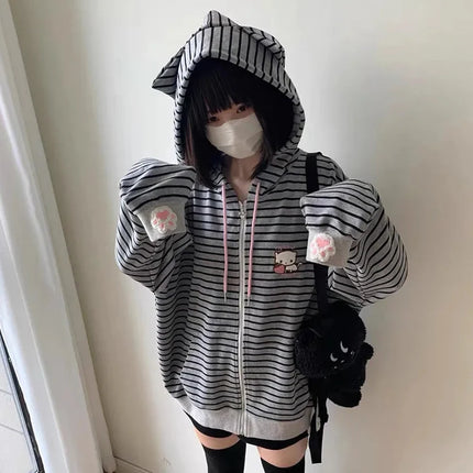 Cartoon Embroidery Women Hoodies Japanese Sweet Cute Cat Ears Striped Hooded Sweatshirts Harajuku Streetwear Loose Casual Coats