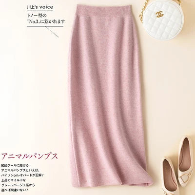 100% pure wool skirt new women's autumn and winter mid-length high-waisted thin cashmere skirt knitted all-match hip skirt PlatiNum