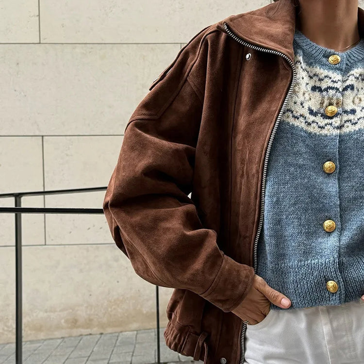 Women's Belt Short Suede Jackets Loose Lapel Long Sleeve Zipper Coats 2025 Spring Lady Vintage Female Outwear Street