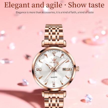 OLEVS 5536 Orologio da donna al quarzo con diamanti di marca di lusso Moda elegante orologio da donna impermeabile in oro rosa con bracciale Set Reloj Mujer platinumshop