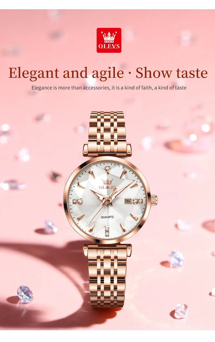 OLEVS 5536 Orologio da donna al quarzo con diamanti di marca di lusso Moda elegante orologio da donna impermeabile in oro rosa con bracciale Set Reloj Mujer platinumshop