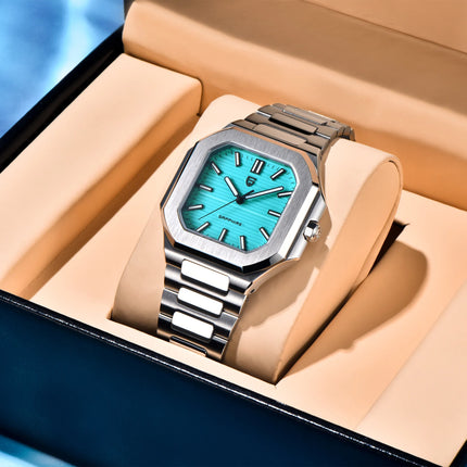 PAGANI DESIGN 37MM Orologio al Quarzo di Alta Gamma, Quadrato, Semplice ed Elegante, con Cristallo Zaffiro, Cassa in Acciaio Inossidabile, Regalo per Uomo