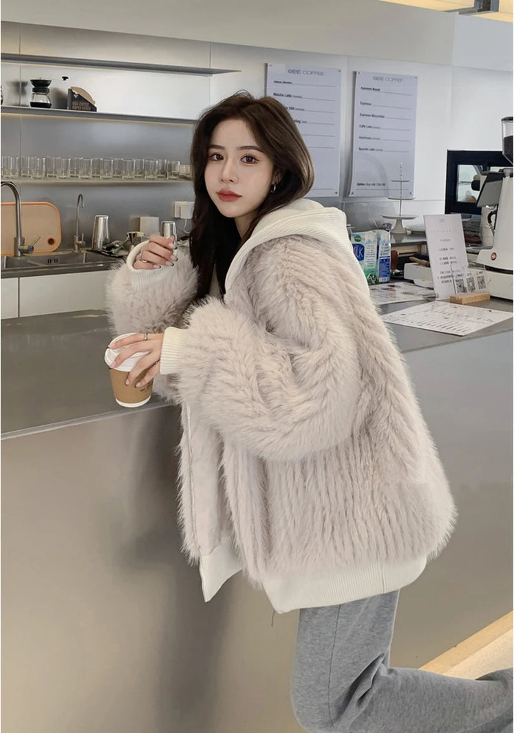ZADORIN New Luxury Brands Trimmed Faux Fur Jacket Woman Fashion Hooded Casual Oversized Puffy Fox Fur Faux Coat Winter Clothes