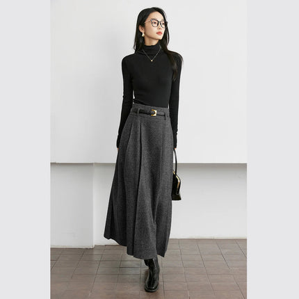 VIMLY Elegant Wool Blend Pleated Maxi Skirt for Women 2025 Winter High Waist Stereo Heavy Duty Skirt Office Lady Clothes M9173 PlatiNum
