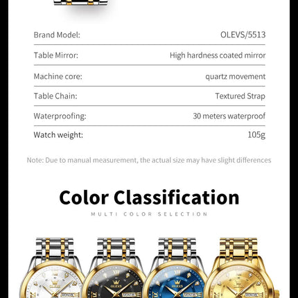 OLEVS 5513 Orologio da uomo Orologio luminoso impermeabile al quarzo originale di marca di moda per uomo Scatola per orologio con doppio calendario in acciaio inossidabile platinumshop