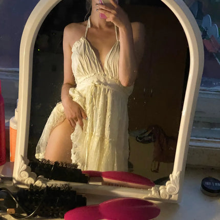 SheMujerSky Sexy Lace Patchwork Backless Mini Dress Summer V Neck Halter Dresses Women's Dress Elegant Party