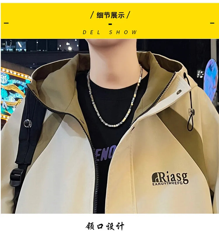Men's Hooded Casual Jackets 2026 Spring Autumn Streetwear Windbreaker Loose Cargo Outdoor Coats Youth Daily Wear Tops Clothing