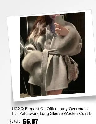 UCXQ Elegant Woolen Coat Temperament Office Lady Overcoats Fur Patchwork Long Sleeve Beautiful Women's Coats 2025 Winter New