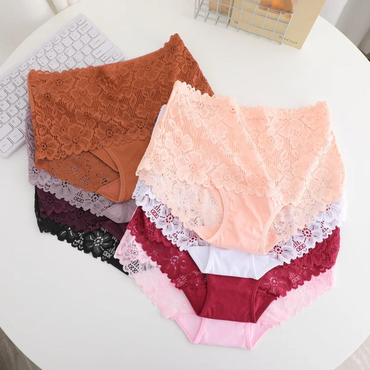 4PCS/SET Women's Sexy Lace Panty Hollow Out High Waist Women's Briefs Breathable Comfortable Underwear Plus Size Women Lingerie