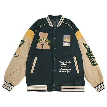 Men's Casual Varsity Jacket Motorcycle Bomber Coat Vintage Letterman Baseball Streetwear Outerwear with Faux Leather Sleeves