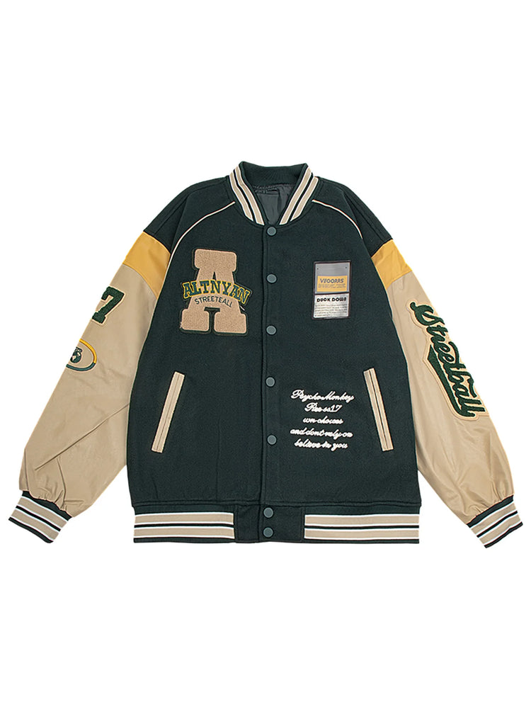 Men's Casual Varsity Jacket Motorcycle Bomber Coat Vintage Letterman Baseball Streetwear Outerwear with Faux Leather Sleeves