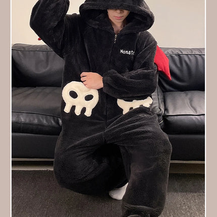 Cartoon Devil Pajamas Couples Women Men Onesie Sleepwear Winter Thicken Hooded Loungewear Coral Fleece Homewear Pijama Disfraz