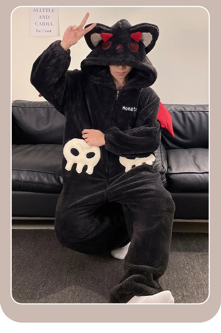 Cartoon Devil Pajamas Couples Women Men Onesie Sleepwear Winter Thicken Hooded Loungewear Coral Fleece Homewear Pijama Disfraz