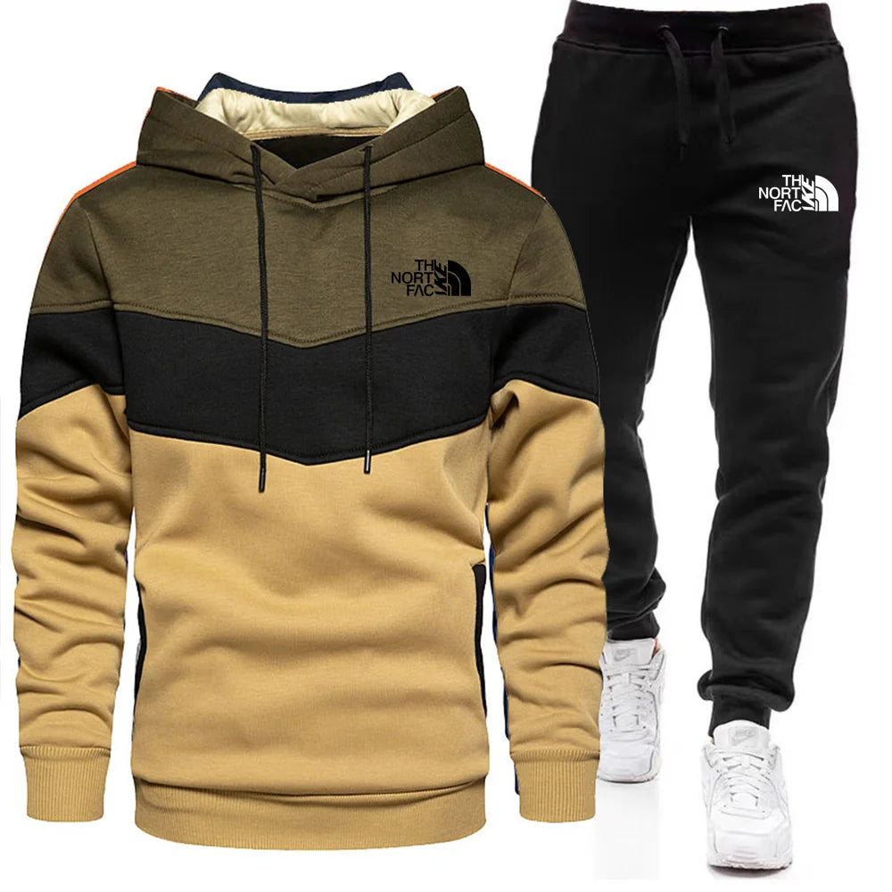 2025 Set di abbigliamento sportivo da jogging casual da uomo con cappuccio e pantaloni sportivi neri Giacca gommata Sport di moda Set invernale caldo da 2 pezzi