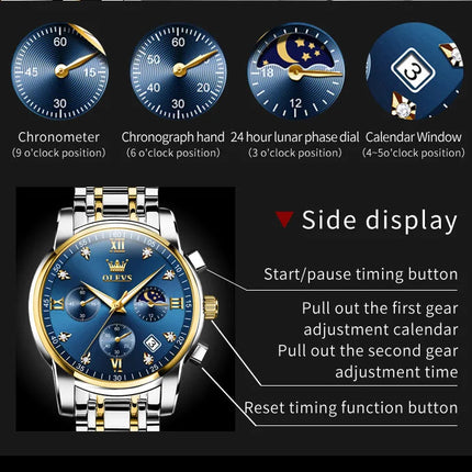 OLEVS 2858 Orologio da Uomo in Acciaio Inossidabile, Impermeabile, Antigraffio, con Fasi Lunari, Luminoso, Cronografo, Orologio da Polso al Quarzo di Lusso platinumshop