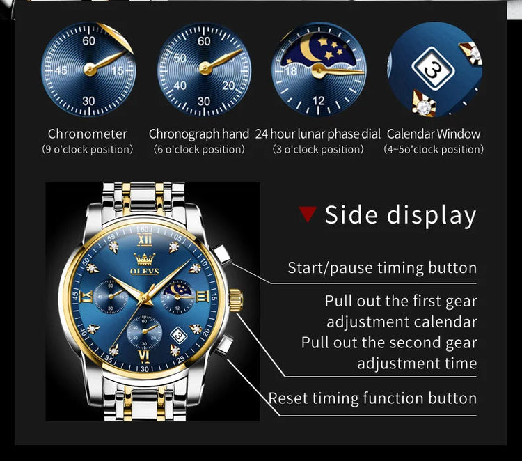 OLEVS 2858 Orologio da Uomo in Acciaio Inossidabile, Impermeabile, Antigraffio, con Fasi Lunari, Luminoso, Cronografo, Orologio da Polso al Quarzo di Lusso platinumshop