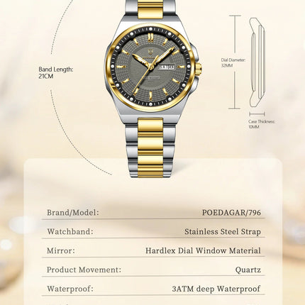 Orologio da Donna POEDAGAR Elegante con Data e Giorno della Settimana, Movimento al Quarzo, Acciaio Inossidabile, Luminoso e Impermeabile platinumshop