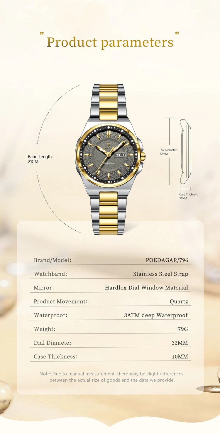 Orologio da Donna POEDAGAR Elegante con Data e Giorno della Settimana, Movimento al Quarzo, Acciaio Inossidabile, Luminoso e Impermeabile platinumshop