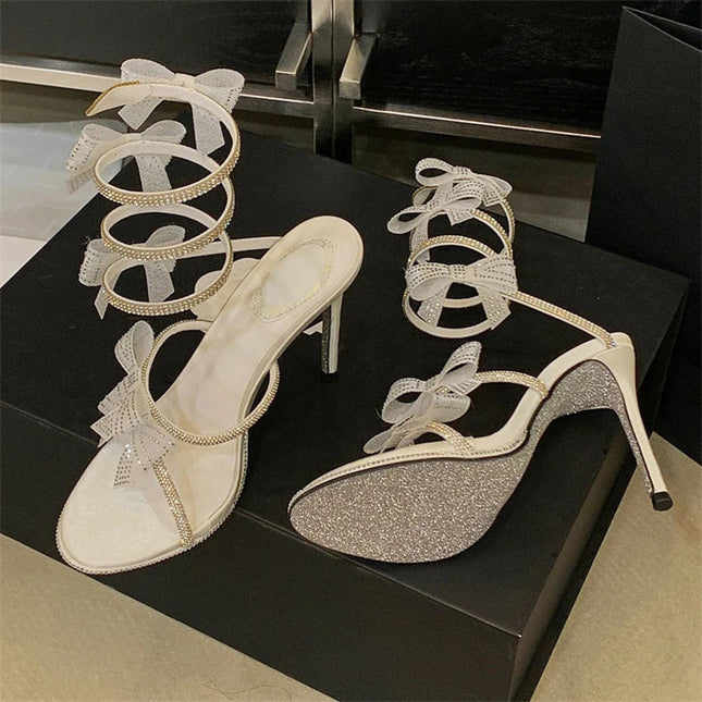 Aneikeh Elegant Pink Wedding Shoes CRYSTAL Bow High Heels Sandals Woman Summer Ankle Strap Thin High Heels Open Toed Party Shoes PlatiNum