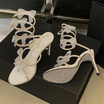 Aneikeh Elegant Pink Wedding Shoes CRYSTAL Bow High Heels Sandals Woman Summer Ankle Strap Thin High Heels Open Toed Party Shoes PlatiNum