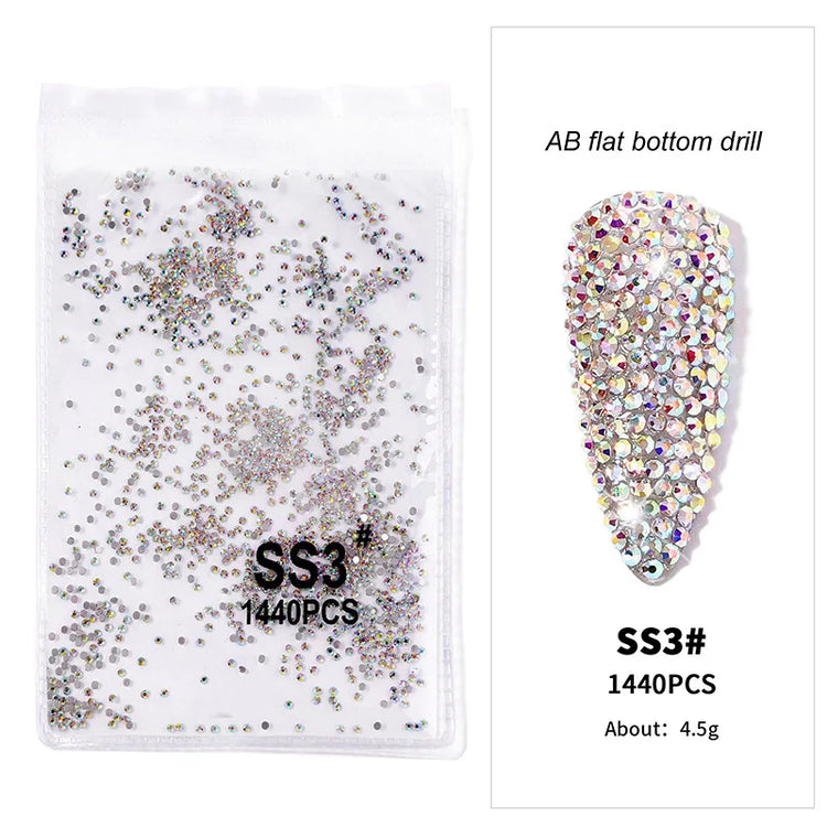 1440pcs Nail Clear/AB Glass Strass FlatBack Crystal Rhinestone (SS3-SS20)3D Nail Gem Stones Non-HotFix Nail Rhinestone 1.3-4.8mm