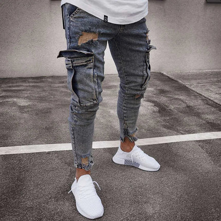 Street Elastic Jeans Men Denim Cargo Pants Wash Solid Color Multi Pockets Casual Mid Waist Trousers Slim Fit Daily Wear Joggers PlatiNum