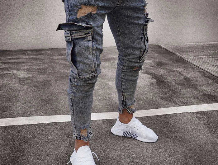Street Elastic Jeans Men Denim Cargo Pants Wash Solid Color Multi Pockets Casual Mid Waist Trousers Slim Fit Daily Wear Joggers PlatiNum