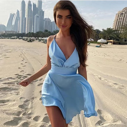 2023 Satin Sexy Backless Sleeveless Party Mini Dresses Women Elegant V-Neck Strapless Bodycon Dress Solid Slim Vestidos