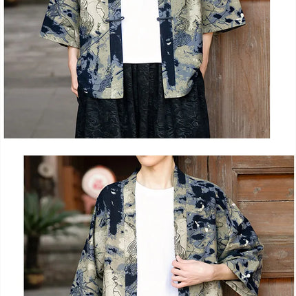 Camicie in Lino Stile Etnico con Stampa Yukata per Uomo e Donna, Abbigliamento Asiatico, Kimono Giapponese Harajuku, Camicie Retrò da Uomo