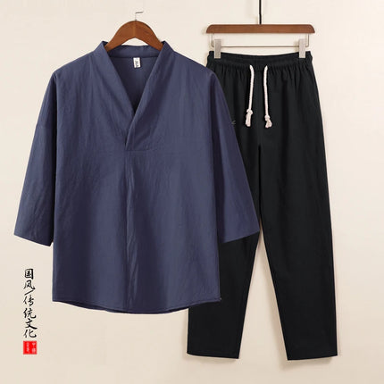 Set da due pezzi da uomo in cotone di lino confortevole (camicie + pantaloni) stile cinese retrò a maniche corte da uomo casual vestito di linguetta pantaloni Kungfu