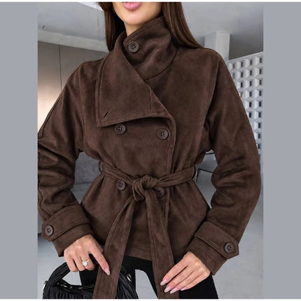 Elegant Suede Women Jacket Turn Down Collar Double Breasted Belt Waist Slim Jackets 2026 Autumn Winter Female Fashion Tops