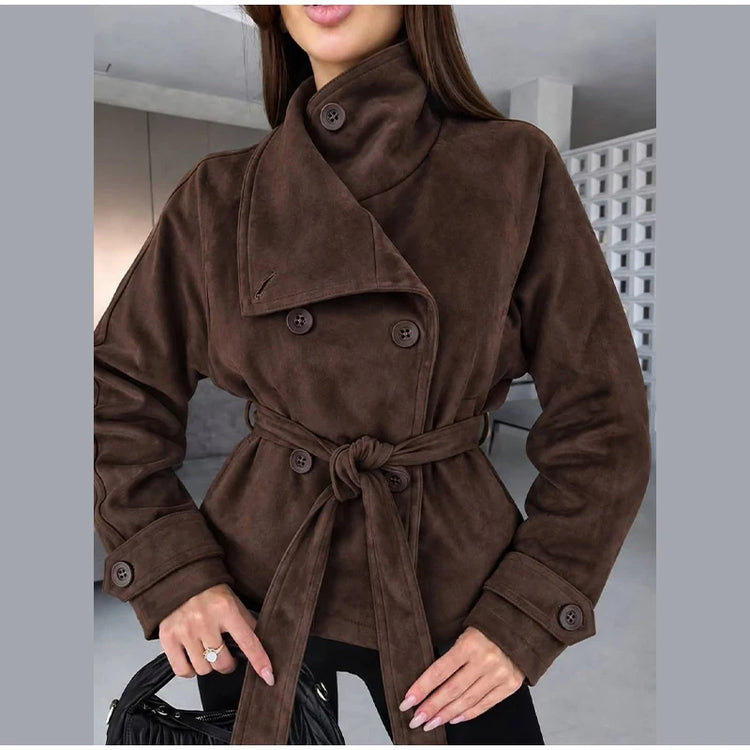 Elegant Suede Women Jacket Turn Down Collar Double Breasted Belt Waist Slim Jackets 2026 Autumn Winter Female Fashion Tops