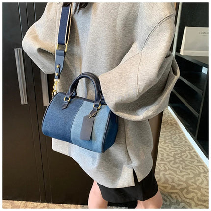 Patchwork Colorblock Mini Handbags For Women Denim Shoulder Cross Body Bags Casual Street Small Boston Bag 2025 Designer Purses PlatiNum