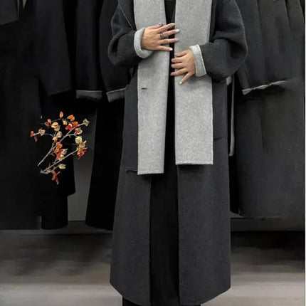 DFDG Woman's Cowl-neck Pure Color Versatile Patchwork Two-color Design 2025 Spring New Style Loose High-quality Long Coat