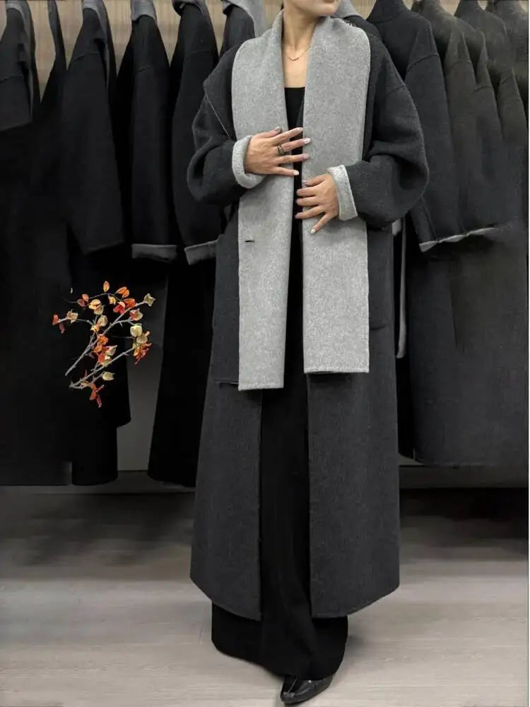 DFDG Woman's Cowl-neck Pure Color Versatile Patchwork Two-color Design 2025 Spring New Style Loose High-quality Long Coat