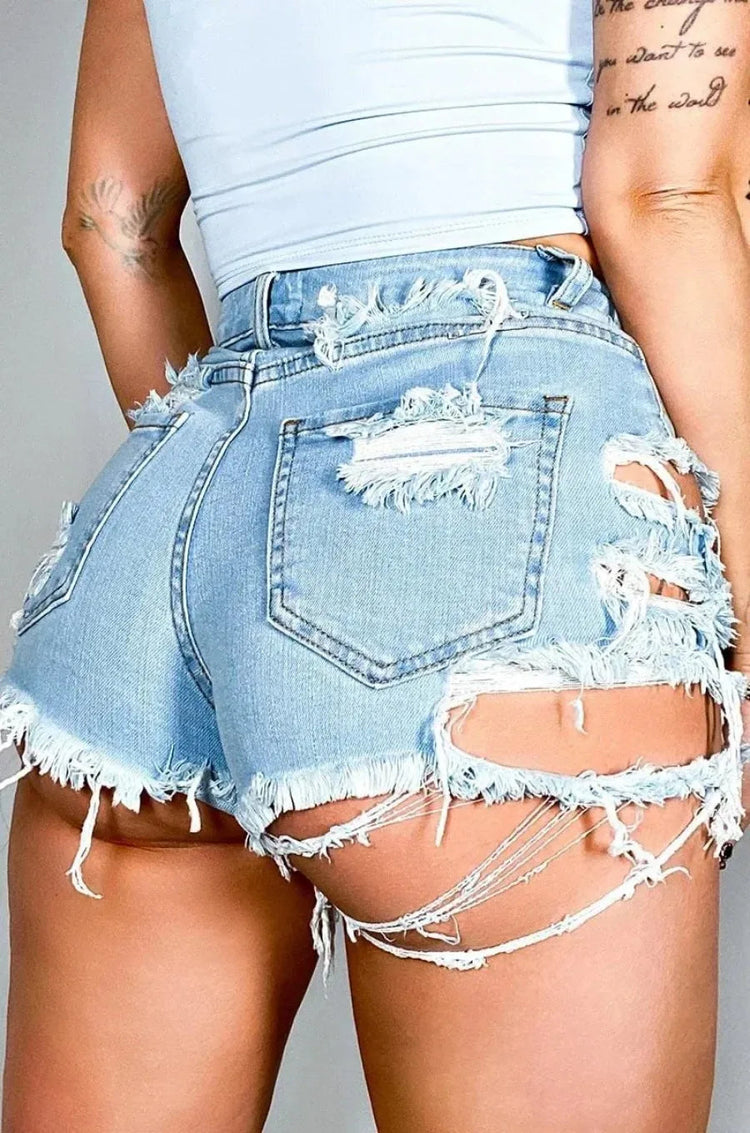 Women Shorts Denim Jeans Washing Sexy Slim Fit Distressed Spliced High Waist Holes Button Pockets Summer 2025 Solid Tassel PlatiNum