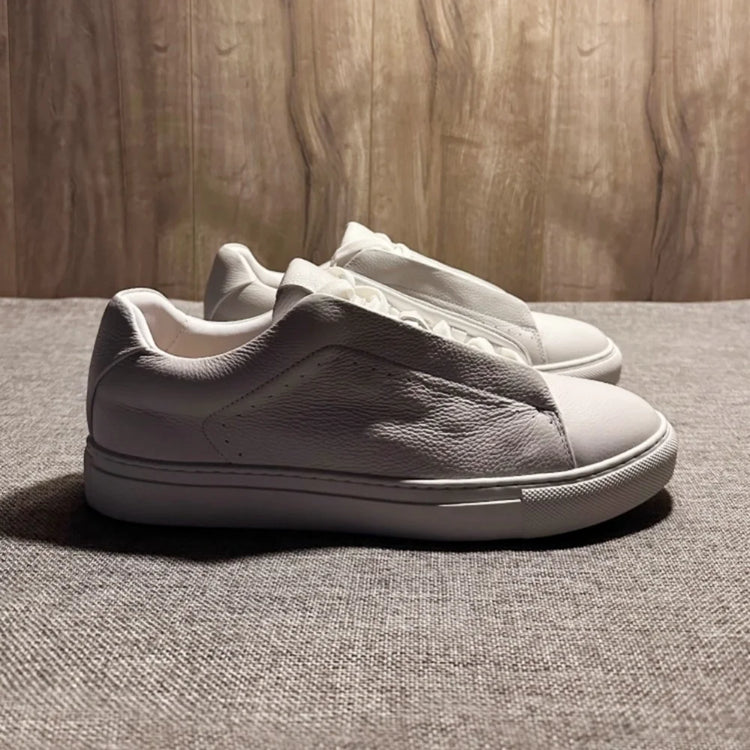QHCCID Men's Versatile Cow Leather Casual Sneakers Comfortable Breathable White Soft Cowhide Trendy Footwear Women’s Shoes